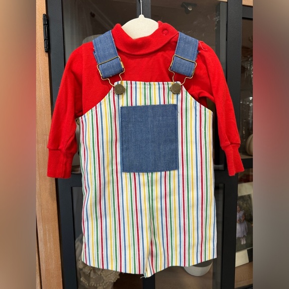 Vintage 1980s Buster Brown DoubleB Rainbow Stripes overalls baby boy sweater set - Picture 1 of 6